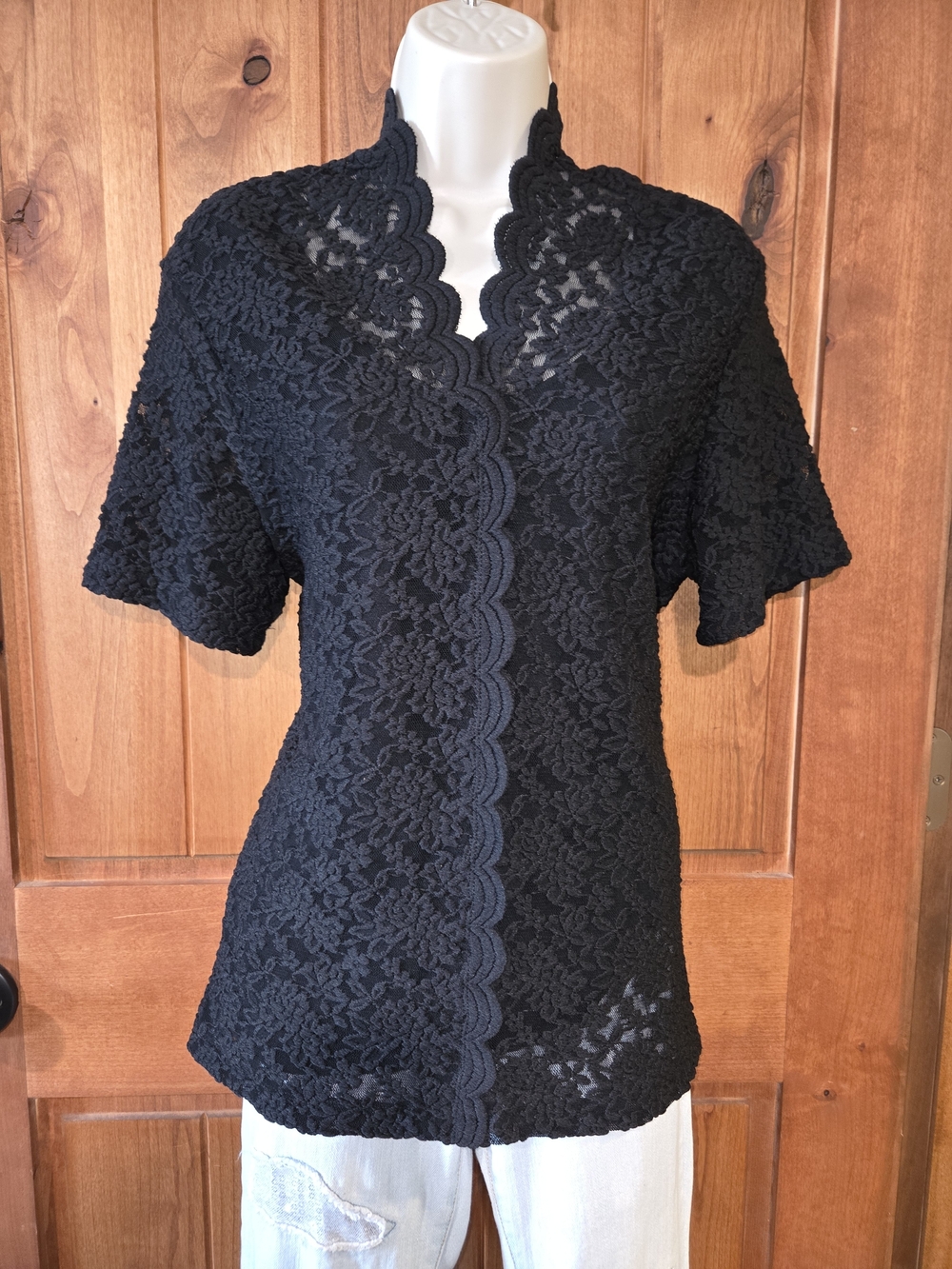 Susan Graver Black‎ Floral Lace Short-Sleeve Top